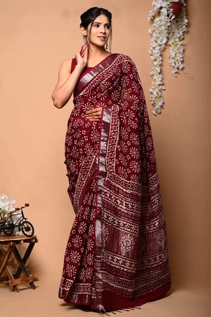 Hand Block Printed Cotton Lilen Sarees